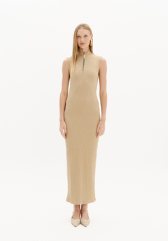 Vestido Super Midi Canelado Com Gola E Zíper - comprar online