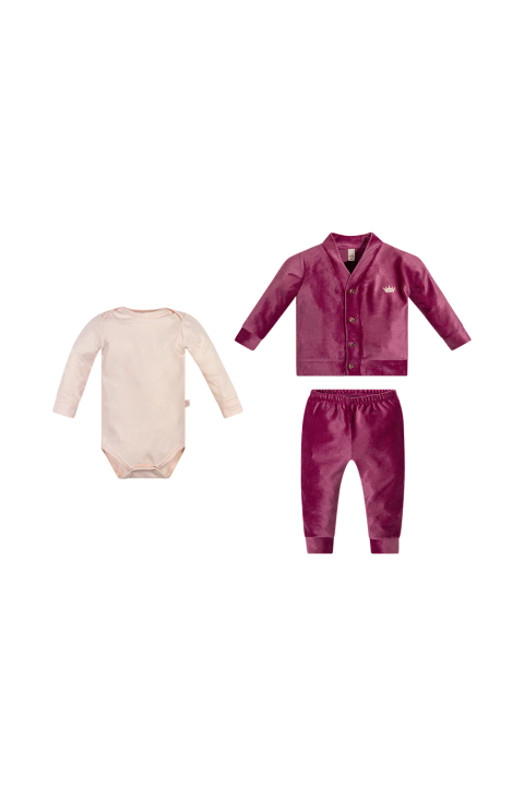 Trijunto Fem. Bebê Body Cotton + Casaco + Calça Canelado Velvet - comprar online