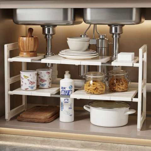 Estante Organizador Bajo Mesada 2 Niveles - Acero Inox. + Plástico