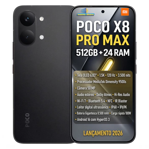 Smartphone Xiaomi POCO X8 Pro Max 5G / 512GB / 12GB+12GB RAM (24GB RAM) / Tela AMOLED 6,83" 1.5K 120Hz / Câmera 50MP / Bateria Gigante 8.500mAh / Carga Turbo 100W / Processador MediaTek Dimensity 9500s / Xiaomi HyperOS / Certificação IP69K Super Resistência / Dual SIM+eSIM / NFC / Global - Preto (Black)