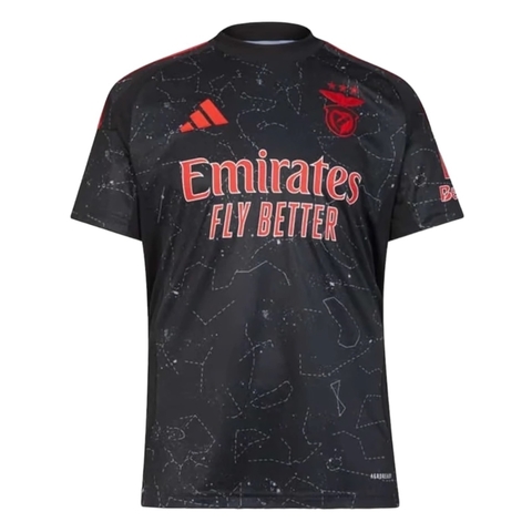 Camisa preta do Benfica II 24/25, modelo torcedor da Adidas, com logo e estampa em vermelho.