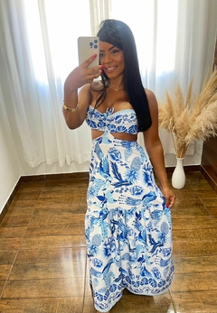 Vestido longo tropical - azul na internet