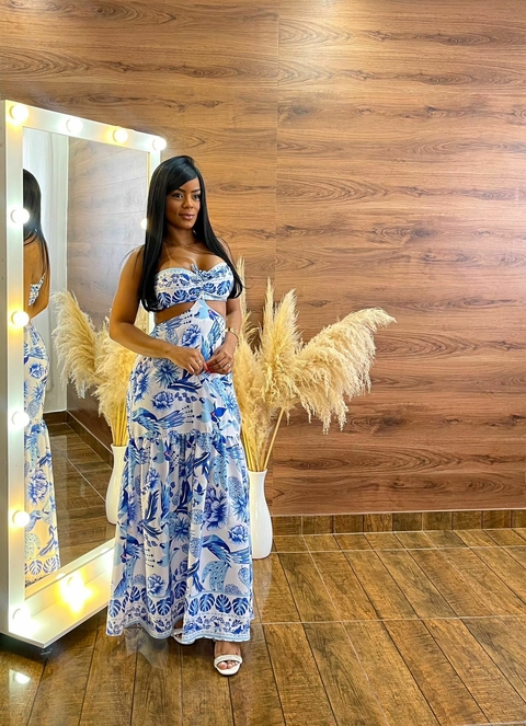 Vestido longo tropical - azul