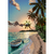 Quadro decorativo de uma praia ao pôr do sol, com palmeiras e um barco na água.