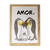 Quadro decorativo infantil com pinguins e a palavra "AMOR", ideal para o quarto de crianças.
