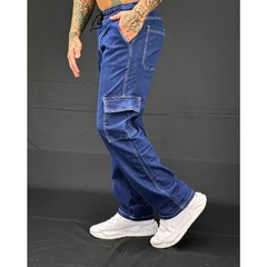 CALÇA CARGO JEANS UNISSEX BARRA LARGA 6 BOLSOS - loja online