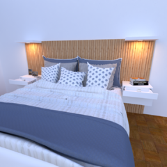 Respaldo de cama entablonado mas mesas de noche, mas estantes con luz - Muebles Decora tu interior