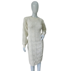 Vestido Tricot Relevo Midi Manga Longa Gola Redonda Inverno