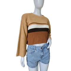 Casaco Feminino Tricot Cropped Listra Manga Longa Inverno - Cachecol Acessórios