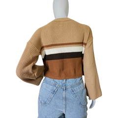 Casaco Feminino Tricot Cropped Listra Manga Longa Inverno