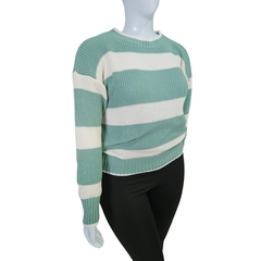 Imagem do Casaco Tricot Listrado Gola Redonda Manga Longa Inverno Frio