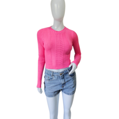 Casaco Tricot Cropped Gola Redonda Manga Longa Inverno