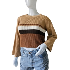 Casaco Feminino Tricot Cropped Listra Manga Longa Inverno