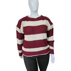 Imagem do Casaco Tricot Listrado Gola Redonda Manga Longa Inverno Frio