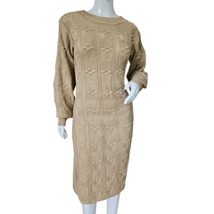 Vestido Tricot Relevo Midi Manga Longa Gola Redonda Inverno - loja online