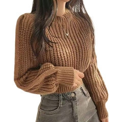 Casaco Tricot Cropped Gola Redonda Manga Longo Lã Penteada