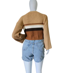 Casaco Feminino Tricot Cropped Listra Manga Longa Inverno na internet