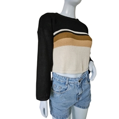 Casaco Feminino Tricot Cropped Listra Manga Longa Inverno - Cachecol Acessórios