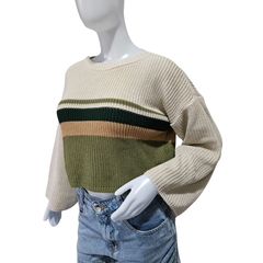 Casaco Feminino Tricot Cropped Listra Manga Longa Inverno