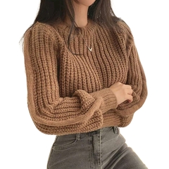 Casaco Tricot Cropped Gola Redonda Manga Longo Lã Penteada - Cachecol Acessórios
