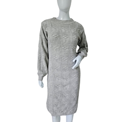 Vestido Tricot Relevo Midi Manga Longa Gola Redonda Inverno