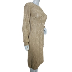 Vestido Tricot Relevo Midi Manga Longa Gola Redonda Inverno
