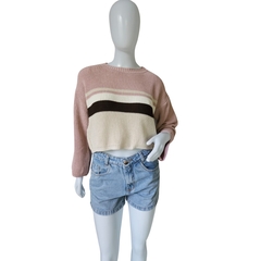 Casaco Feminino Tricot Cropped Listra Manga Longa Inverno