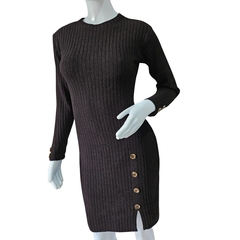 Vestido Tricot Mousse Manga Longa Gola Redonda Fenda Lateral