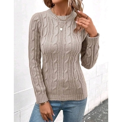 Casaco Tricot Cropped Gola Redonda Manga Longo Lã Penteada