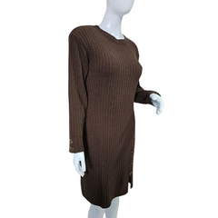 Vestido Tricot Mousse Manga Longa Gola Redonda Fenda Lateral