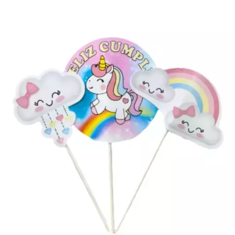 Adorno para torta - Pinche set Feliz Cumple Unicornio