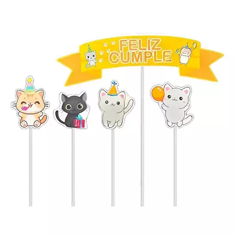 Adorno para torta - Pinche set Feliz Cumple Gatitos | Gato - comprar online