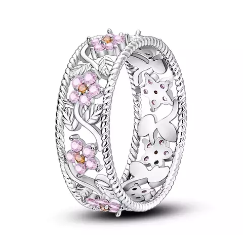 Anel Flor Rosa com Planta