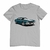 Camiseta com estampa de um Chevrolet Chevelle SS 396 em azul e branco.