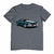 Camiseta com estampa de um Chevrolet Chevelle SS 396 em azul e branco.