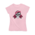 Blusinha feminina baby look com estampa de caveira decorada com rosas e um laço rosa