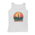 Camiseta regata masculina com estampa de pôr do sol e silhuetas de monumentos do México.