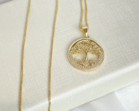 Colar Redondo Dourado Árvore da Vida com Zircônia