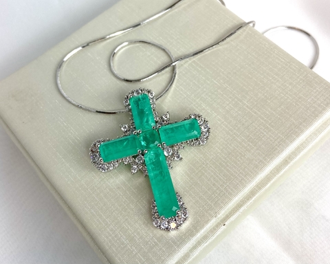 Colar Cruz Ródio com Zircônias Verde