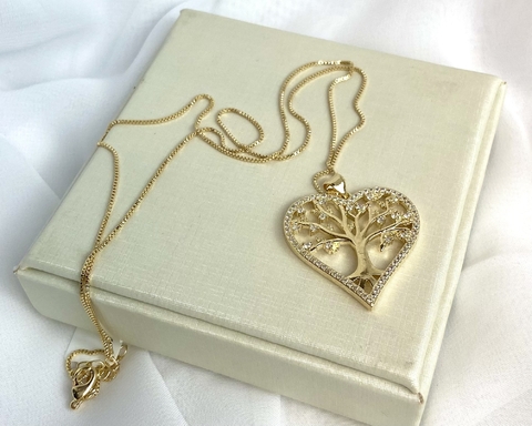 Colar Árvore da Vida em Coração com Zircônia