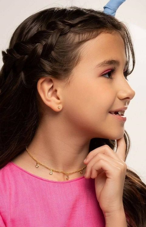 Colar Infantil Pingentes Ponto de Luz Cristais Banho Ouro 18k 35CM