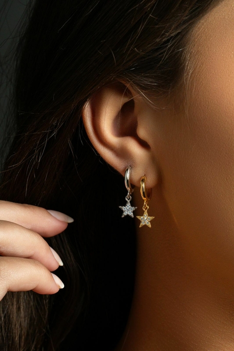 Brinco Argola Estrela Cravejado Banho Ródio Branco