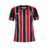 Camisa feminina do São Paulo FC, modelo 24/25, com listras tricolores em preto, vermelho e branco, e logo do time.