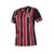 Camisa feminina do São Paulo II 24/25, com listras tricolores em preto, vermelho e branco, apresentando o escudo do time.