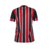 Camisa São Paulo II 24/25 feminina, com listras verticais nas cores vermelho, preto e branco.