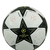Bola de futebol com design da Champions League, predominantemente branca com detalhes pretos e amarelos.