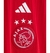 Detalhe da camisa do Ajax, com o logo bordado e três estrelas acima, representando conquistas.