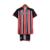 Kit Infantil São Paulo Away 23/24 da Adidas, nas cores vermelho e preto, exibindo a parte de trás da camisa e o short.