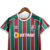 Camisa do kit infantil do Fluminense, modelo tricolor da Umbro para a temporada 23/24, com listras verticais em verde e grená e logo da Betano.