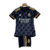 Kit infantil do Real Madrid III 23/24 da Adidas, na cor azul com detalhes em amarelo e branco, composto por camisa e shorts.